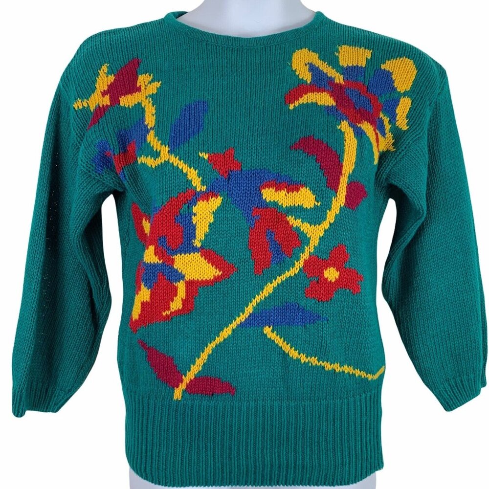 Vintage Size Medium Sweater Bold Colorful Floral Teal Marigold Red SB Sport FLAW